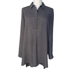 Pleione Women's Geometric Print Long Sleeve Blouse Size XS Black Cream Brown